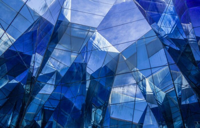 blue and white glass building